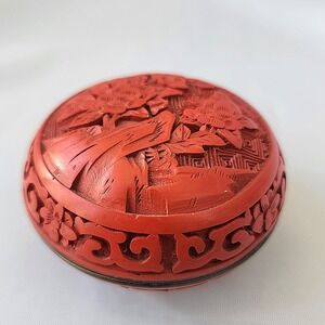 Chinese Cinnabar Lacquer Carved Floral Round Trinket Box Ancient Rare Fine Art